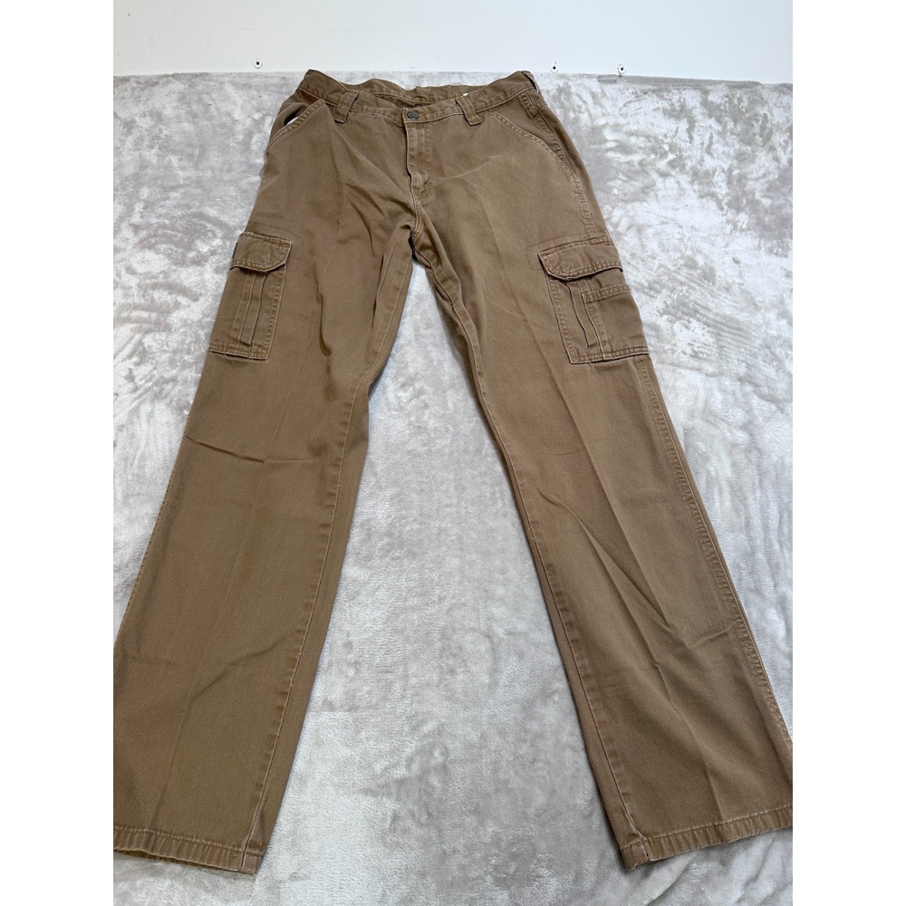 Wrangler Cargo Pants Mens Size 32 Khaki Tan Cotton Twill Straight Hemmed To 30.5